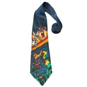 Vintage Looney Tunes Mania 1995 Fishing Necktie 4"x57" Bugs Bunny Daffy Duck Taz